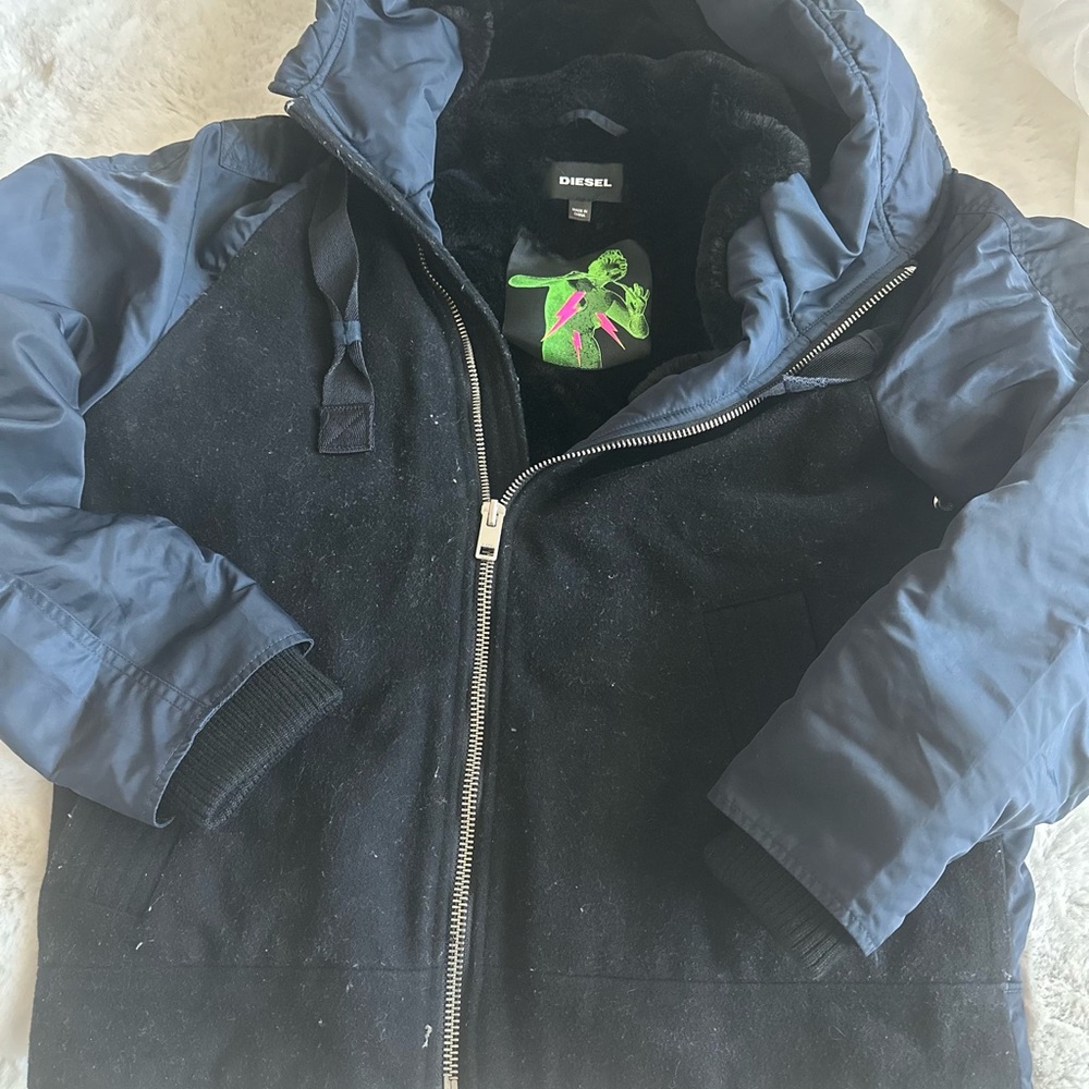 Diesel Custer faux fur lining HOODED Dark Blue Bomber Jacket EUC M